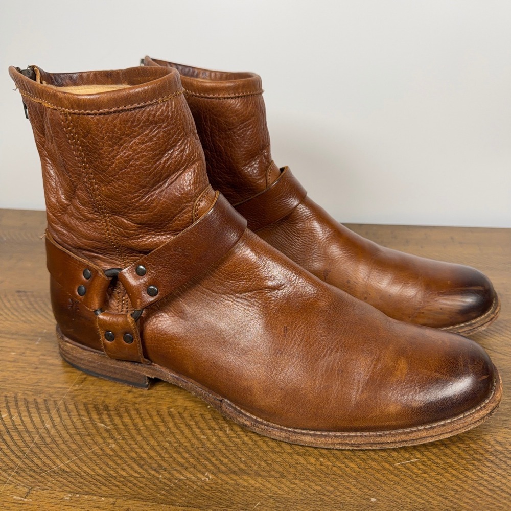 Frye Boots Men 11.5 D Brown Cognac Phillip Harness Zip Leather Biker Moto Cowboy